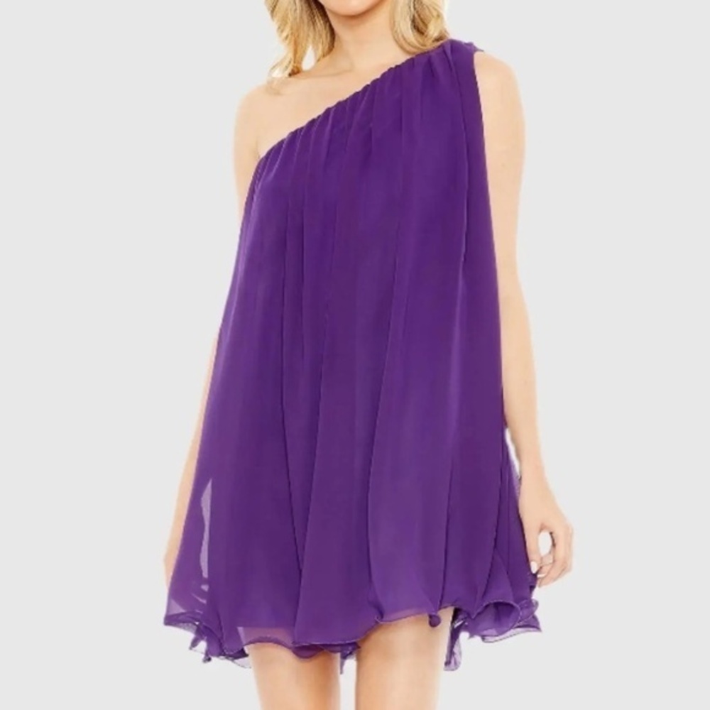 Mac Duggal. Purple One Shoulder Flowy Chiffon Mini Dress.
